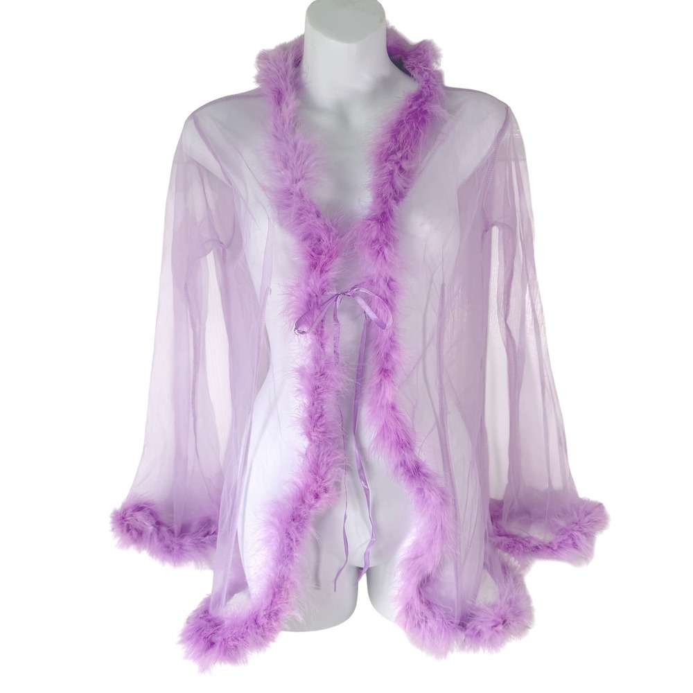 Womens Sheer Marabou Fur Trim Robe OS Lavender Purple Euphoria Pinup Burlesque